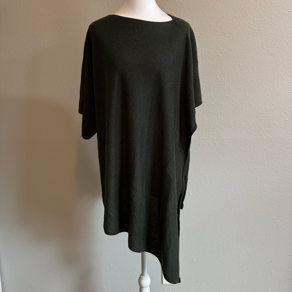 Chic Draped Side-Slit Tunic &Asymmetrical Poncho Sweater Dark Green LagenLook OS